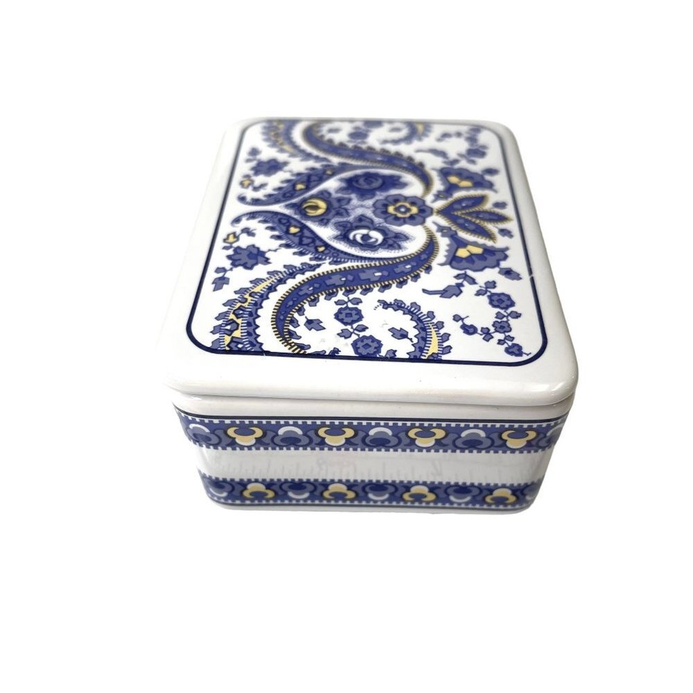 Thai Stoneware Trinket Box With Blueish Purple and Yellow Floral Paisley Pattern - Picture 4 of 9